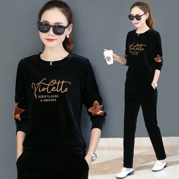 

2020 Spring Autumn Women Set Velvet Tracksuits Top+Trousers Two Sets Gold Velvet Sportswear Suit Plus Size Female Pants Set P197