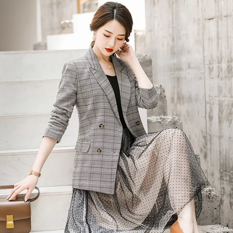 

Casual Plaid Small Suit Coat Women's Fashion 2019 Autumn Tops Korean-style Large Size Slimming England Ventilation Network Red S