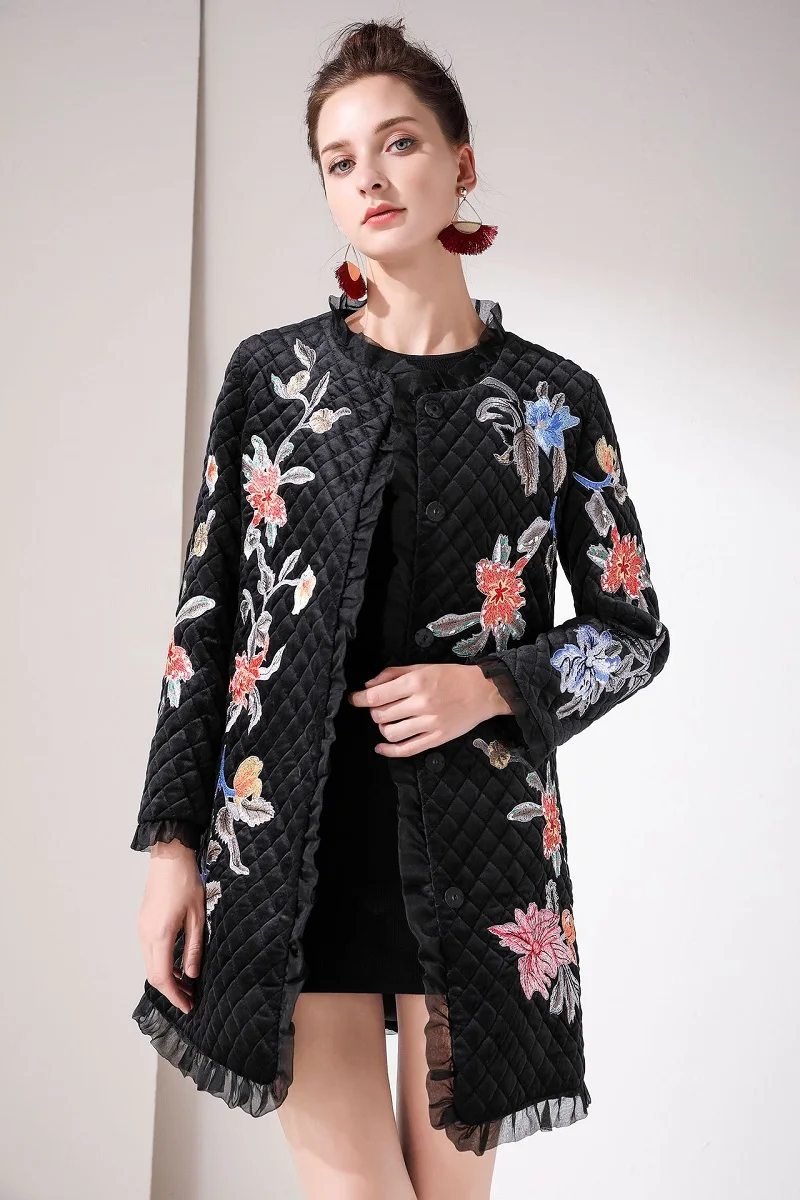 Casacos Feminino Осенняя Зимняя Повседневная Длинная парка Женская Роскошная парка с вышивкой и пуговицами, черная красная парка, верхняя одежда, пальто