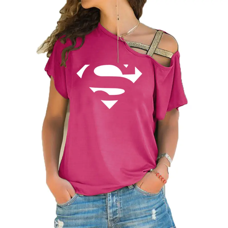 Новинка; летнее платье «Супермен» серии кавайная одежда, с героями мультфильмов, Футболка женская мода Топы Горячая Распродажа асимметричное, с короткими рукавами косой крест футболка - Цвет: 18