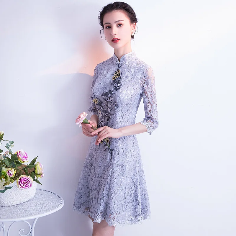 Сексуальное Мини Cheongsam Летнее традиционное китайское стильное платье женские кружевные короткие Qipao тонкие вечерние платья с пуговицами Vestido xs-xxxl