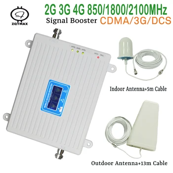 

ZQTMAX gsm mobile signal booster 2g 3g 4g repeater with Ceiling antenna lte data amplifier 850 1800 2100 Tri Band + antenna sets