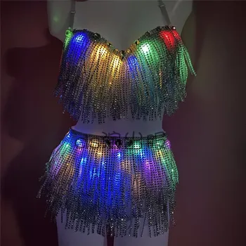 

Bar Tassel LED Bright Diamond Bikini Tutu Suit Nightclub GoGo Female Singer DJ Performance Sexy Music Festival Rave Suit DWY3436
