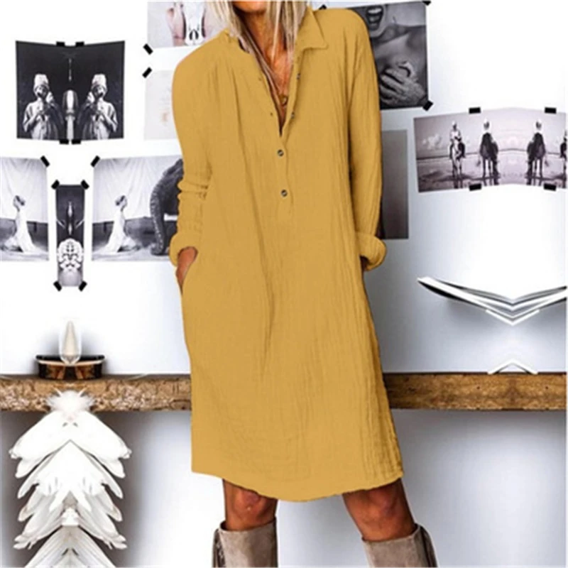 

Women Shirt Dress Long Sleeve Casual Loose Mini Solid Color Autumn Vintage Button Breathable Cotton Linen Oversize Home Dresses