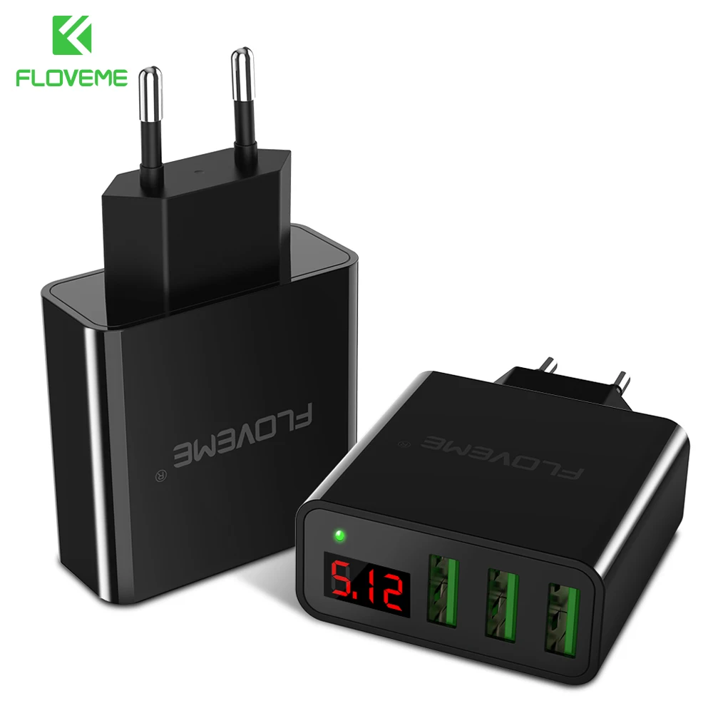 FLOVEME USB Зарядное устройство светодиодный цифровой 3 Порты Универсальный ЕС Plug