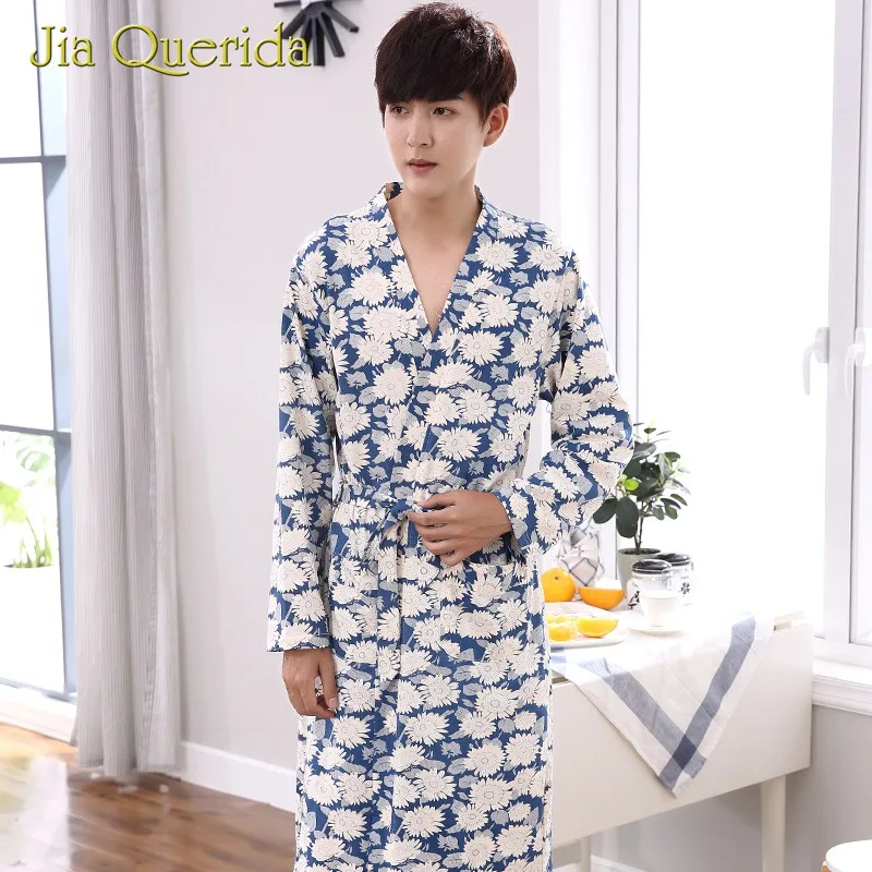 

Mens Robe Nightgown Cardigan Plush 100% Cotton Knitted Floral Print Pocket Belt Long Sleeves Robes Bathrobe Kimono Men Sleepwear