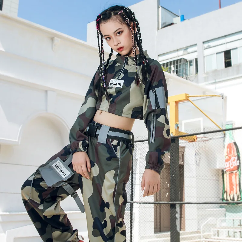 Kids Hip Hop Dance Costume Girls Camouflage Tops Pants Autumn Long Sleeves Set Modern Hiphop Outfits Stage Show Rave Wear BL4970