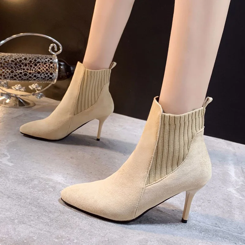 

2019 Winter Shoes Woman Ankle Boots Elastic Band Fashion Dress Shoes Pointed Toe High Heels Botas Mujer Ladies Shoes Black 7752