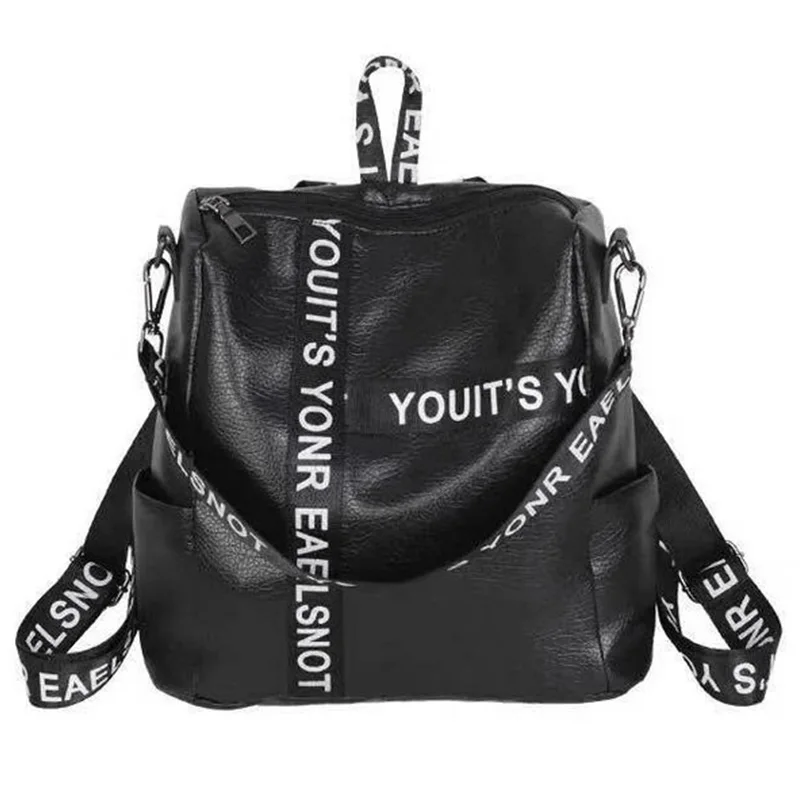 

ABDB-Casual Pu Washed Leather Letters Strip Backpack Korean Large Capacity Travel Backpack
