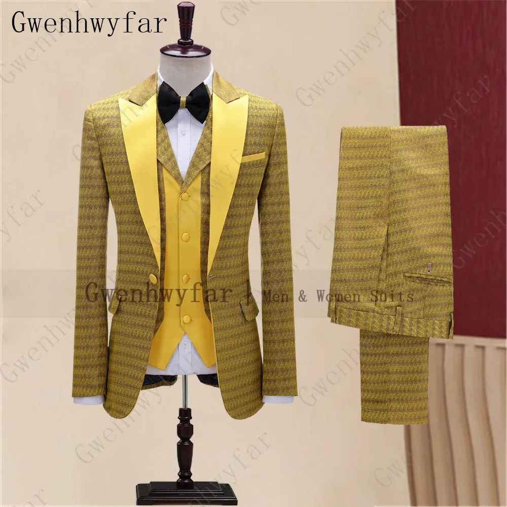 Mens Suit Pants Jacket Blazer Color-Vest Gwenhwyfar Peak Wedding Yellow Fashion-Style