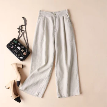 

2019 Women Summer Autumn Elastic Waist Solid Wide Leg Pants Loose Cotton Linen Pantalon Casual Pockets Baggy Trousers Plus Size