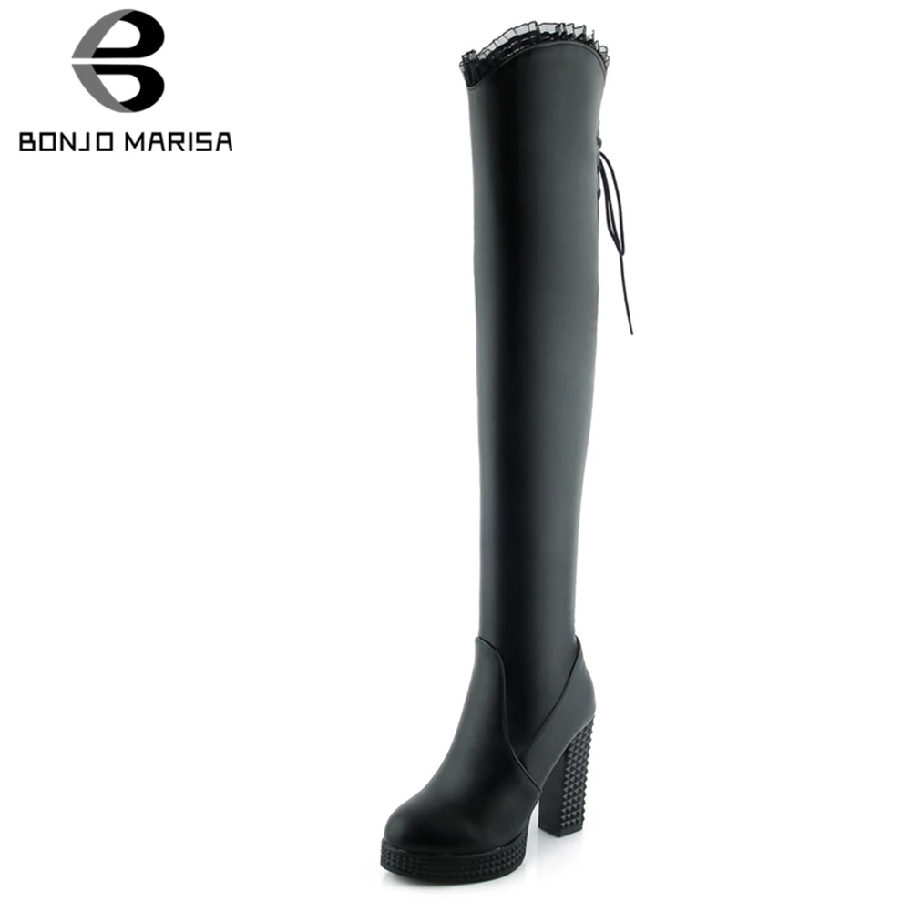 

BONJOMARISA Over The Knee Boots Woman Round Toe Lace Platform Ladies Boots Lace Up Party High Heels Boots Women Shoes 33-43