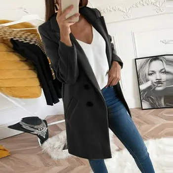 

2019 Winter Women's Slim Casual Wool Blend Coat Outwear Lady Thick Keep Warm Double Buttons Long Style Coat Plus Size