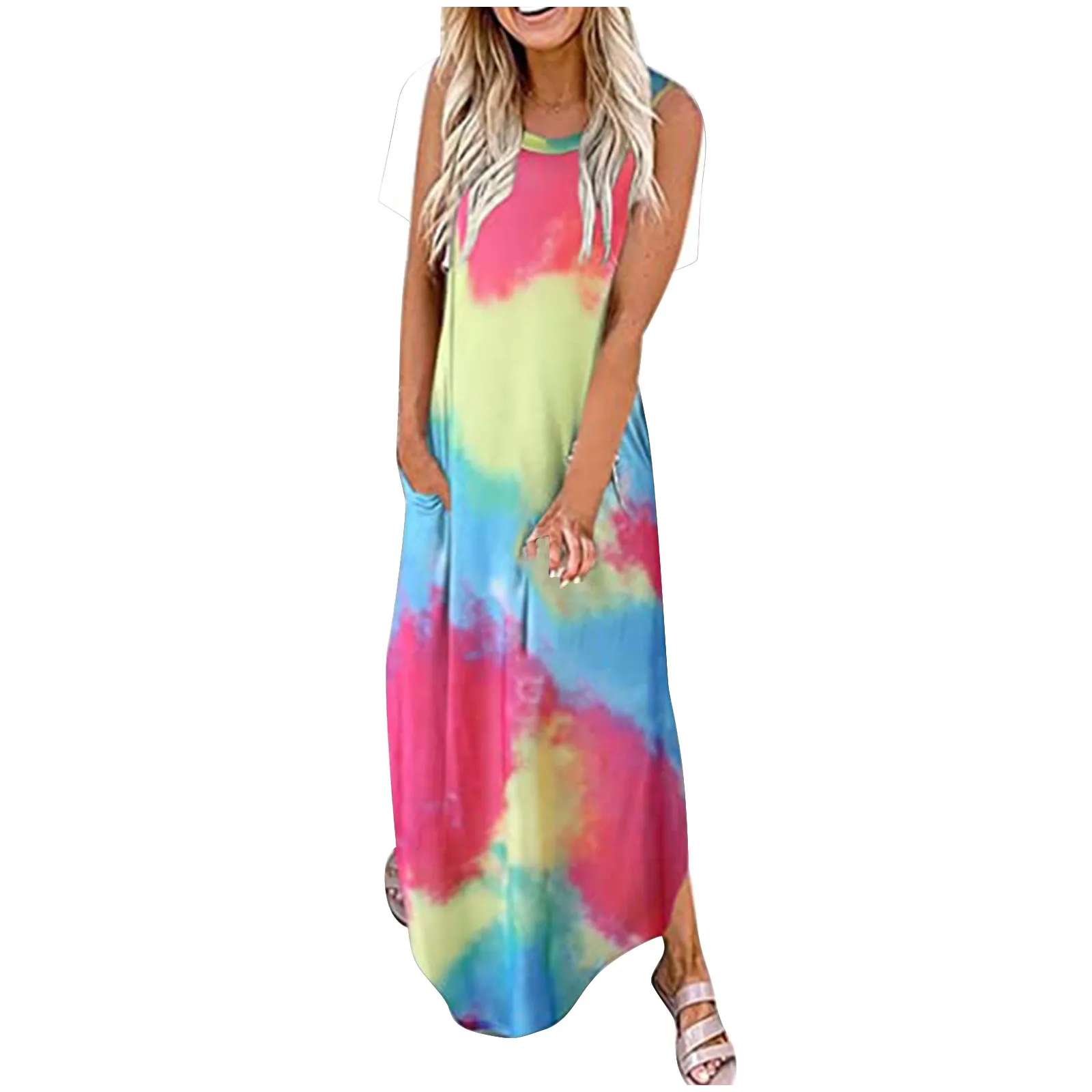 Women's Summer Floral Print Beach Dresses Casual Loose Tie-dye Print Pocket Long Dress Sleeveless Split Maxi Dresses Bohemia 1