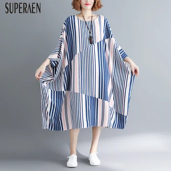 

SuperAen Europe Fashion Women Dress Striped Pluz Size Ladies Dress Summer New 2020 Round Collar Women Clothing