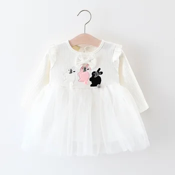 

Children's Dresses 2020 Autumn New Girls Long-sleeved Mesh Splicing Dress Female Baby Rabbit One Button Bowknot Princess Dresses