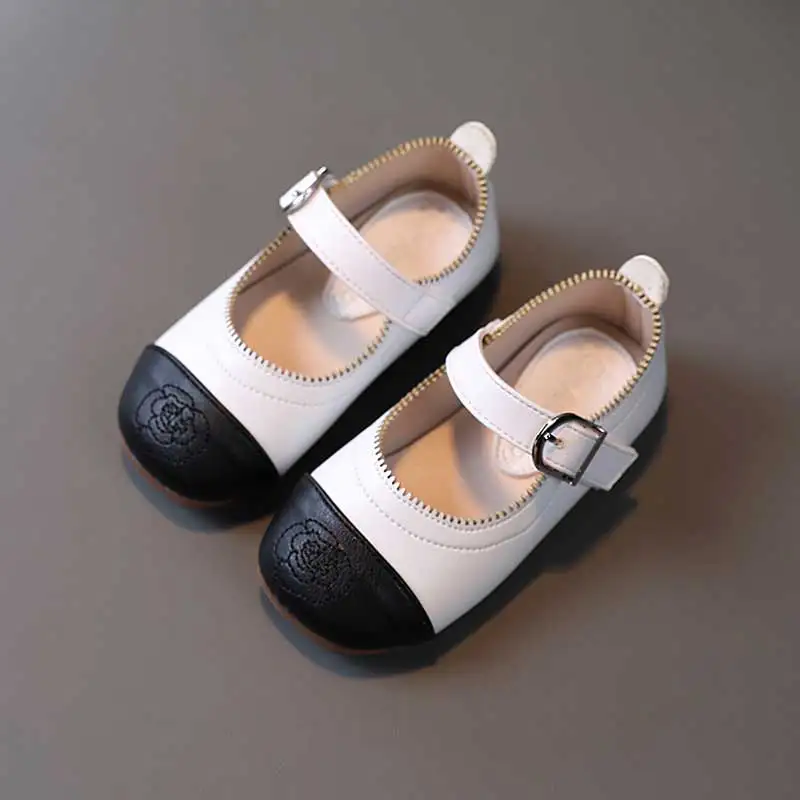 Kids Splicing Shoes Girl Buckle Flower Princess 2021 Baby Child Soft Sole Non-slip Mary Jane Shoe Size 21-30 Black White |