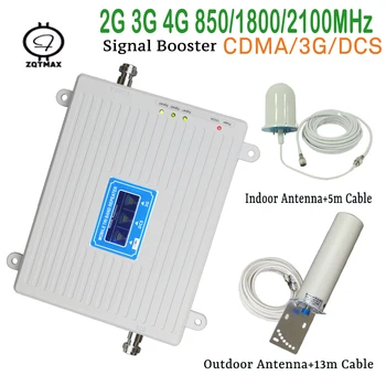 

ZQTMAX tri band 2g 3g 4g gsm signal booster 850 1800 2100mhz cell phone signgal repeater lte umts amplifier with antenna sets