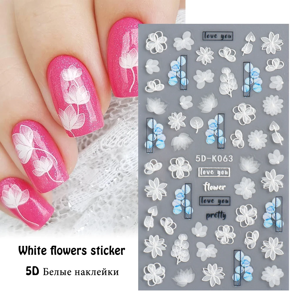 5D Acrylic Nail Sticker Engraved Flower Sliders Embossed Lace Wedding Nail Art Design Monogram Decals Manicure nail stickers nail art decoration nail decals