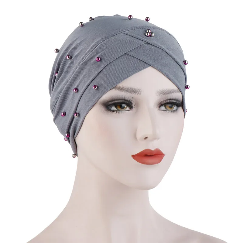 

2019 Fashion Cross Headscarf Hat Solid beading Inner Hijab Bonnet Handmade Linen Muslim Turban Cap Islam Arab Wrap Head Hats