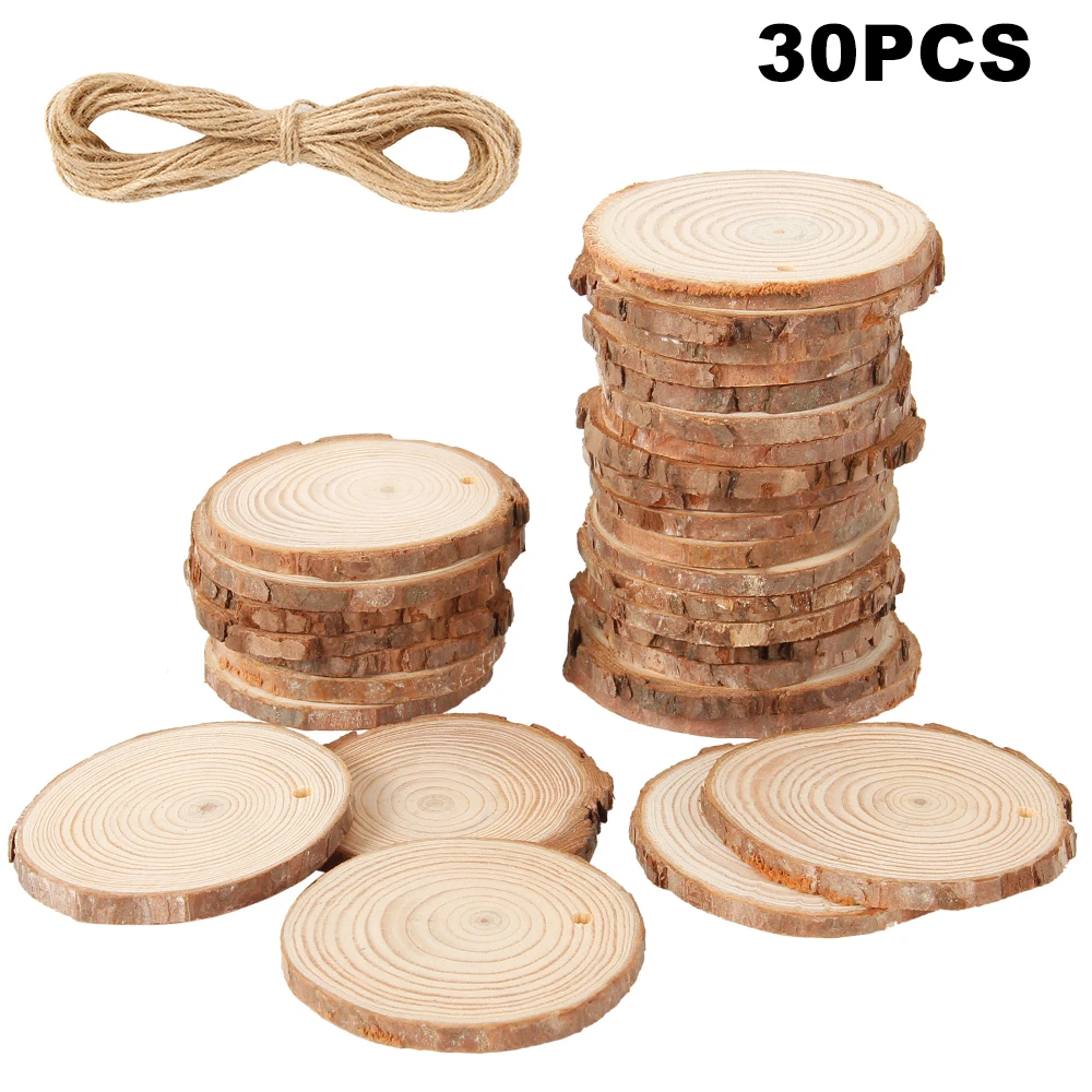 

30pcs Assorted Size Natural Color Wood Slices Round Log Discs for Arts & Crafts Home Hanging Decorations Event