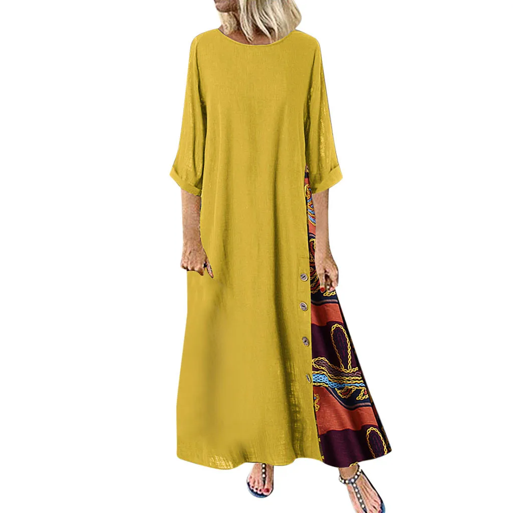 

Feitong Women Dress Casual Patchwork 3/4 Sleeves O-Neck Button High Low Hem Plus Size Dress robe femme