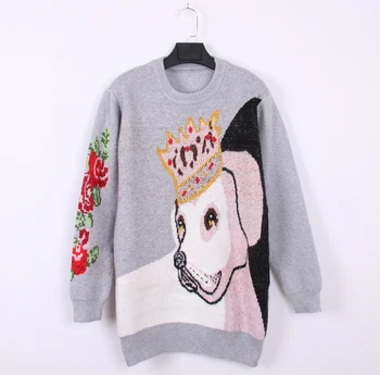 

Korean Female Long Sleeve Oversized Knitted Pullovers Women Winter Animal Print Long Jumper Flower Top Ladies Sweaters Thick