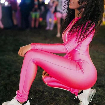 

Women Sexy Jumpsuit High Waist Reflective Stitching Bodycon Jumpsuit Pink Black Slimming Female Romper Mono Mujer Largo Elegante