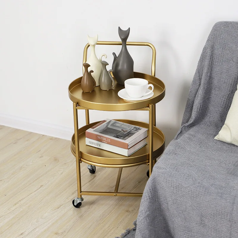 

European Style Gold-Tone Circle Double Layer Teapoy Table Removable Bedroom Trolley Side Table Home Living Room Nail Salons Teap