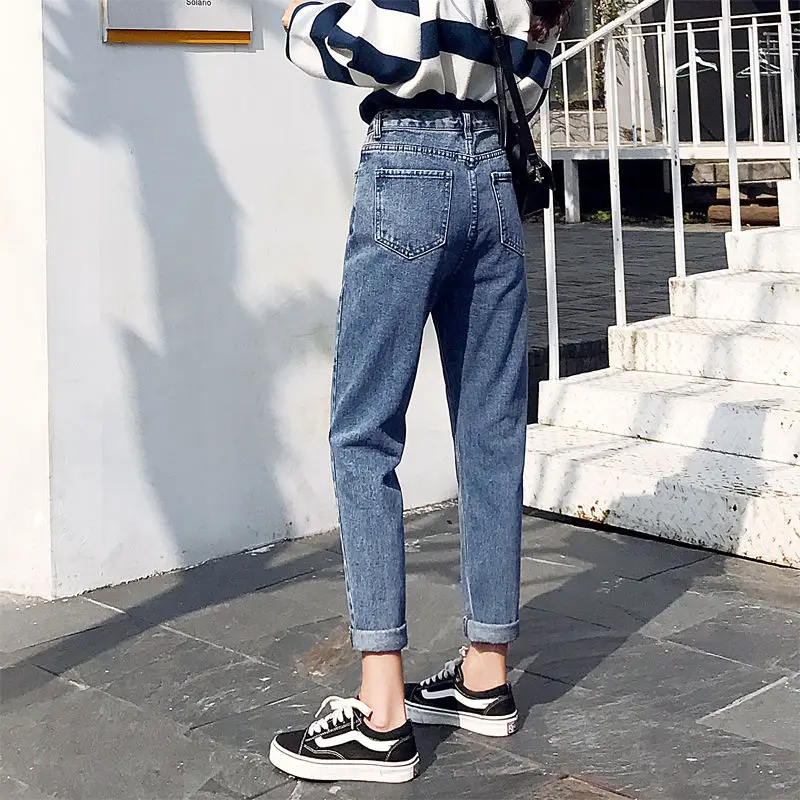 Women's jeans high waist loose trousers retro straight jeans new Korean version of the old daddy radish pants nine points pants winter plus velvet jeans women loose korean version of the straight leg was thin high waist thickened carrot harlan daddy pants