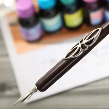 

Wooden Caligraphy Dip Pen Hook Line Signature Fountain Pens with Ink Nibs Set Offices School Stationery Gift D08B