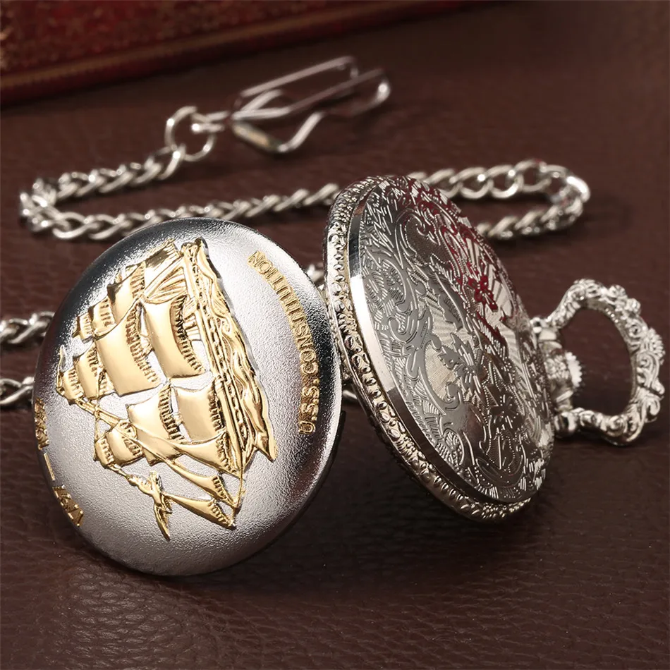 Golden Sailing Boat Design Quartz Pendant Pocket Watch Arabic Numerals Round Dial Silver Fob Pocket Clock