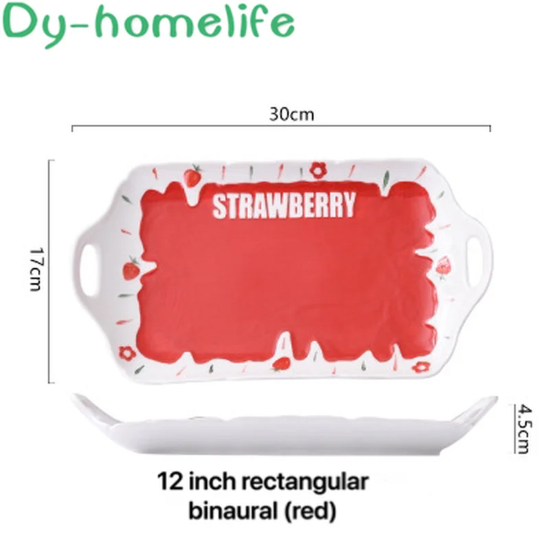 

12 Inch Red Green Strawberry Letter Rectangular Ceramic Plate with Ears Household Kitchen Supplies Bone China Western Plate