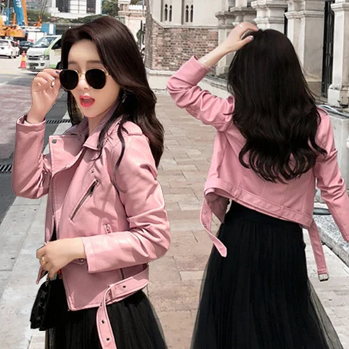 pink Neploe Осенняя Женская куртка из искусственной кожи Модные мотоциклетные корейские короткие куртки Уличная одежда на молнии с поясом тонкая верхняя одежда 54828 - Цвет: pink