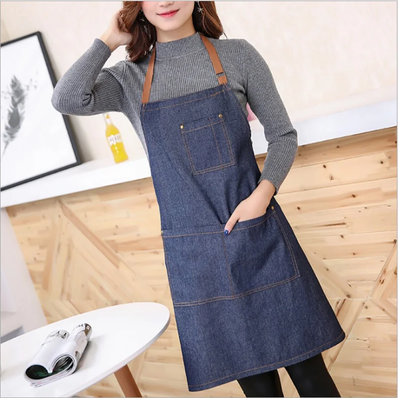 Dropshipping Denim Aprons With Double Pocket Kitchen Antifouling Unisex Adult Aprons For Cooking Men Women Chef Waiter Cafe Shop