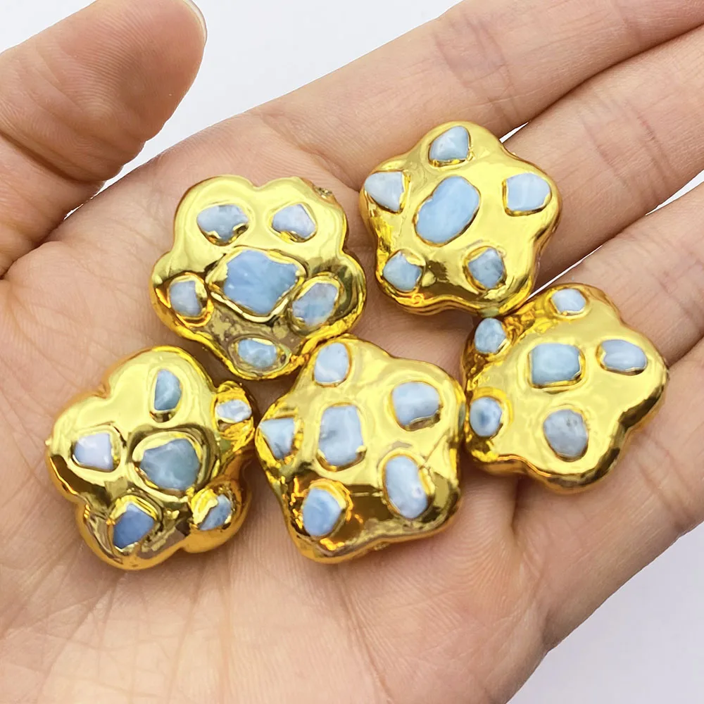 5pcs Natural Larimar Chip Gemstone Gold Plated Copper Connector Spacer Bead Plum Shape DIY Bracelet Necklace Pendant