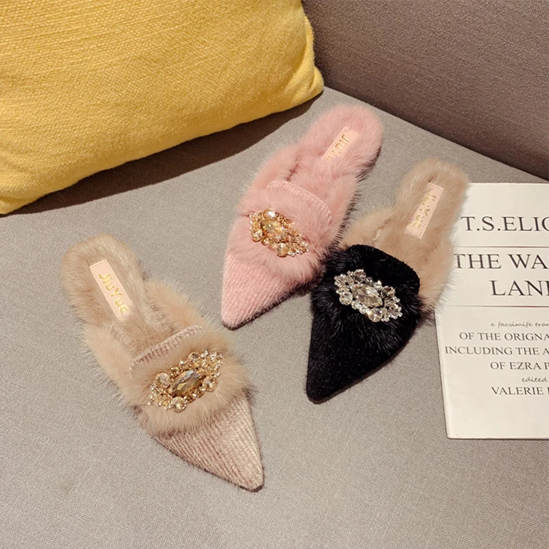 Зимние тапочки мюли из натурального кроличьего меха блестящие туфли с