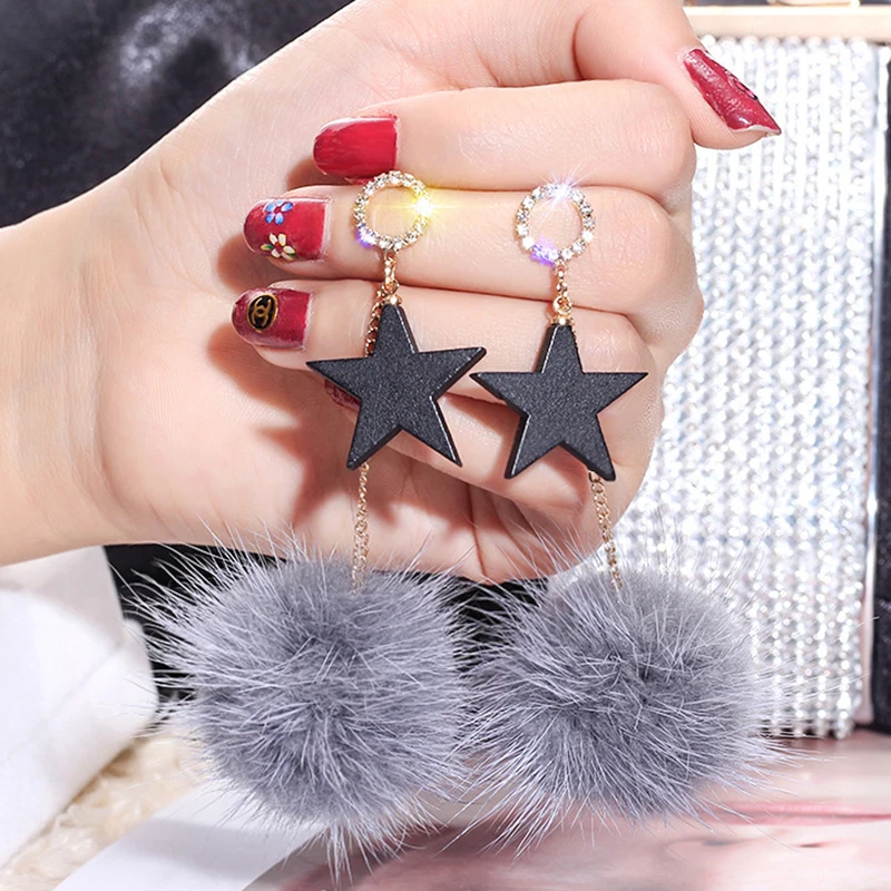 

Korean Earrings Cute Rabbit Fur Ball PomPom Long Tassel Earrings Crystal Earrings for Women Star Dangle Earrings Party Jewelry