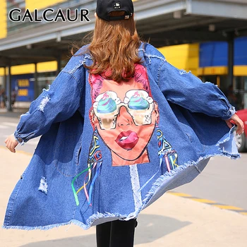 

GALCAUR 2020 Denim Hole Ripped Print Trench Coat Female Cardigan Lace Up Long Women's Windbreaker 2020 Autumn Fashion Clothes