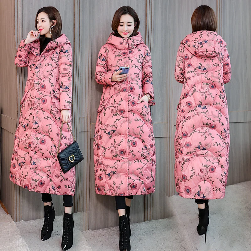 

2019 Winter New Style Printed Hooded Mid-length Thick Cotton-padded Clothes Fashion Slim Fit Retro National Wind Cotton-padded C