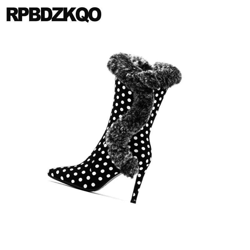 shoes big size plaid pointed toe mid calf 10 black and white stiletto side zip boots high heel women polka dot sheepskin luxury
