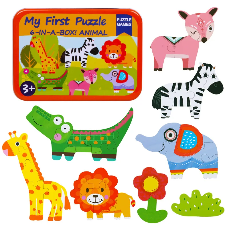 Children toys 6 in 1 box Puzzle Jigsaw Wooden Toys Cartoon Animals Traffic Puzzles Tangram Kids Educational Toy for Children