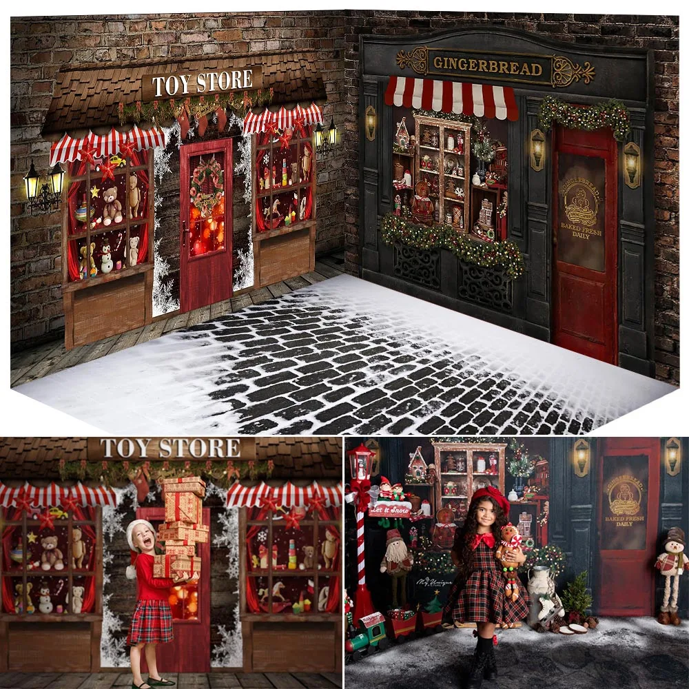Christmas Toy Store Backdrop Retro Gingerbread House Photography Xmas Room Portrait Background Photo Studio Winter Street Snow |