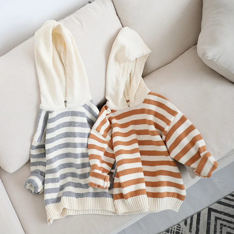 Children's sweater autumn and winter Korean version of the girl's sweater boy hat striped sweater girl round neck winter