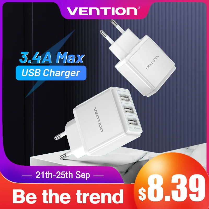 Vention 5V 3.4A USB Charger for iphone 11Pro 8 7 Fast Mobile Phone Charger for Huawei Mate 30 Samsung Xiaomi EU Wall USB Charger