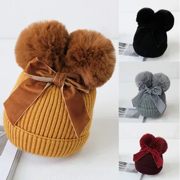 

2020 New Infant Kids Baby Girl Hats Winter Stuff Double Pompom Balls Warm Thicker Beanie Cap Hat Knitted Warm Infant Beanie Cap