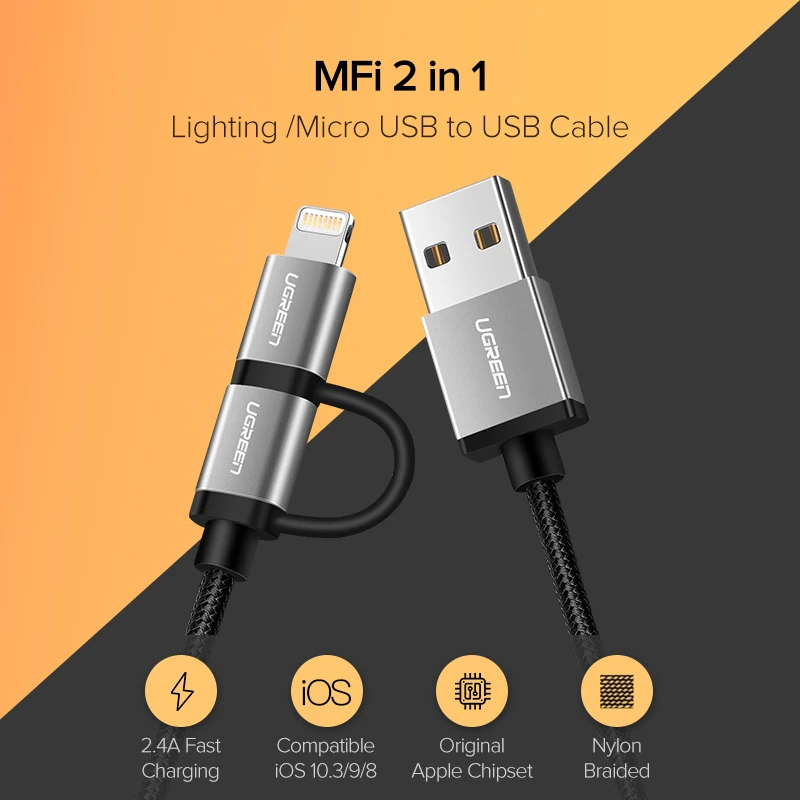 Ugreen 2 в 1 USB кабель для iPhone Pro 11 Max X 8 7 Быстрая зарядка Lightning+ Micro USB кабель для samsung Xiaomi huawei USB шнур