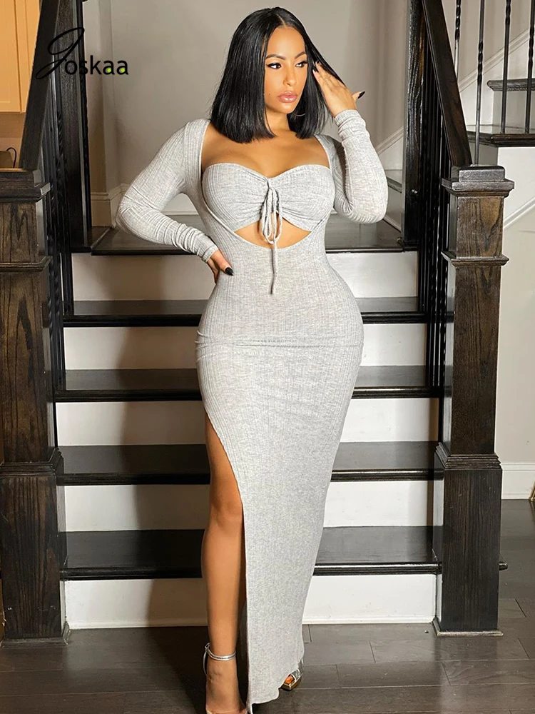 

Joskaa Elegant Festival Women Split Robe Solid Long Sleeve Sexy Drawstring Corset Bodycon Dresses Ladies Party Club Vestidos