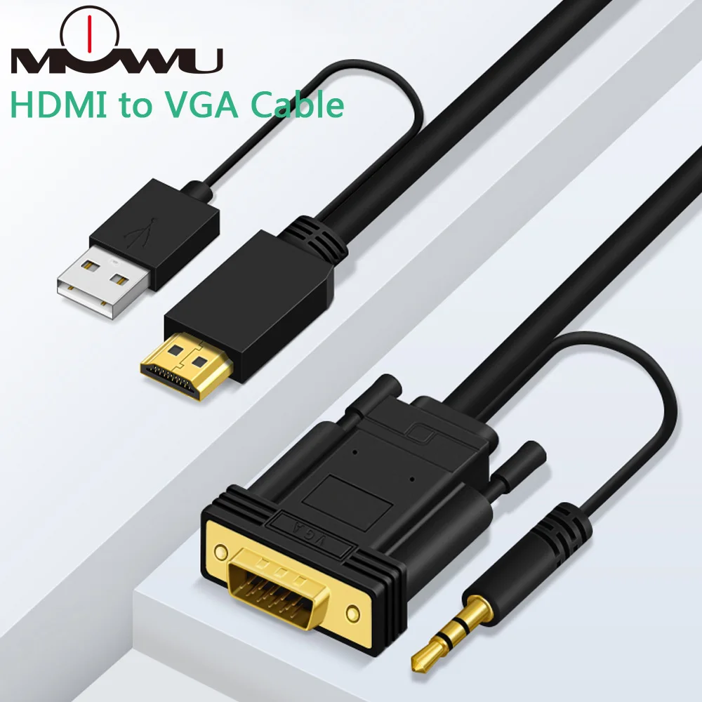 MOWU hdmi-vga кабель 1080P конвертер высокого разрешения адаптер папа-папа HDMI2VGA с аудио питание 1,5 м 2 м 3 м 5 м