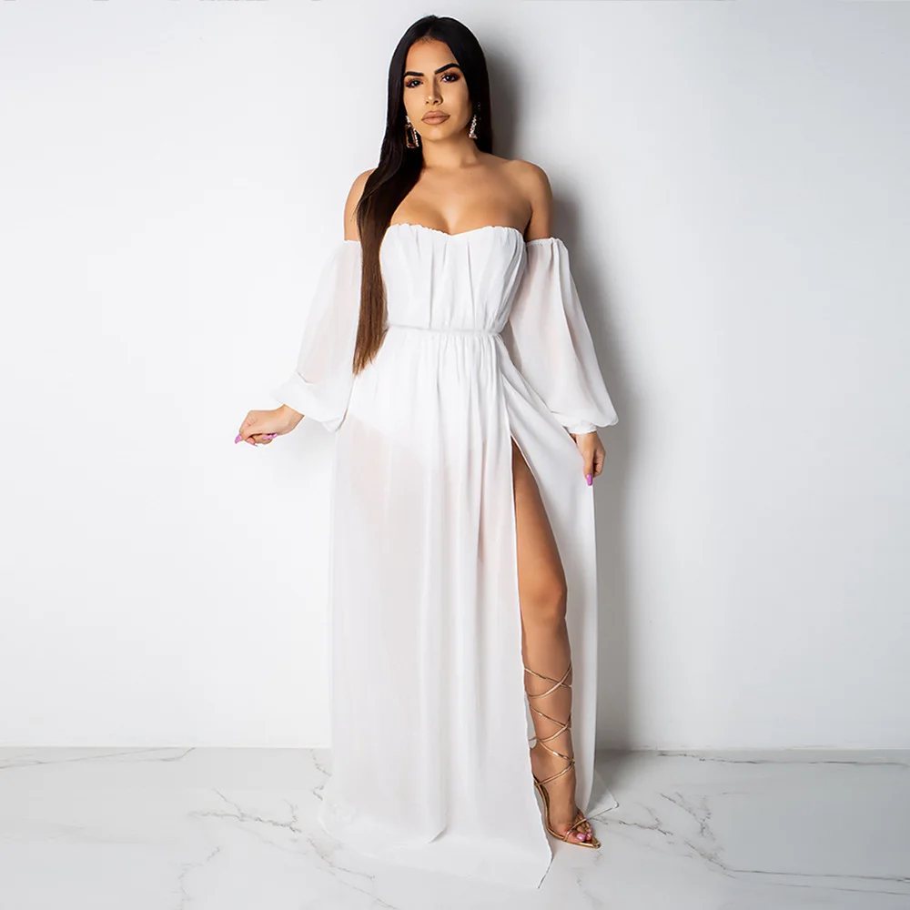 

Echoine Summer Beach Outfits Sexy Off Shoulder Long Maxi Dresses White Split elegant robe boho dress Vintage Vestidos Party